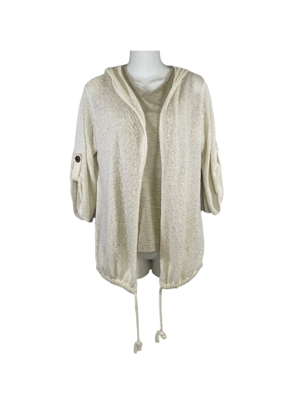 Key Lime Pie Hooded Open Cardigan Beige Small Acrylic Nylon Knit 3/4 Sleeve
